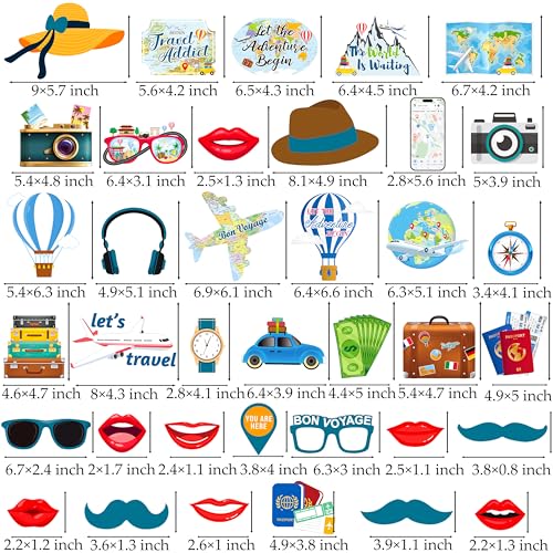 37pcs Travel Theme Party Photo Booth Props Adventure Awaits Party Decorations Let The Adventure Begin Bon Voyage Map Theme Photo Props for Farewell Retirement Around The World Party Supplies