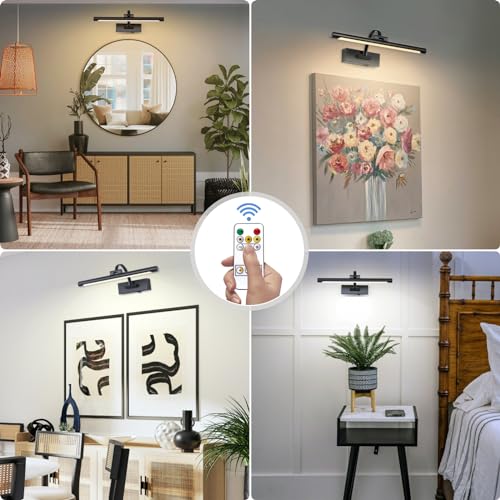 Tassuowell Wireless Battery Operated Picture Light,Rechargeable Wall Light with Remote and Timer,15.75 Inch Black Dimmable Painting Light,3CCT with Adjustable Swing Arm for Display Gallery Lighting - color: Black, size: 15.7inch