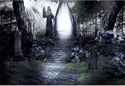 Renaiss Fabric Dark Forest Backdrop Dilapidated Stone Path in Dark Woods Leading to Bright Exit Photography Background Scary Halloween Scene Photoshoot Backdrop 8x6ft - color: Dark Grey, size: 8Wx6H FT