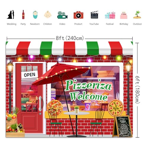 8x6ft Pizza Shop Backdrop Food Vintage Pizzeria Photography Background Pizza Party Decorations for Birthday Newborn Baby Shower Pizzeria Shop Photo Booth Props - size: 8x6ft