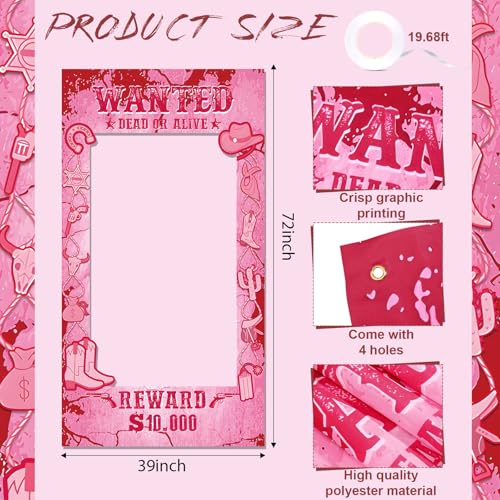 Cowgirl Party Decorations Pink Western Photo Booth Wanted Poster Photo Prop Photos Frame Banner for Wild West Birthday Decoration Supplies (Pink) - color: Pink