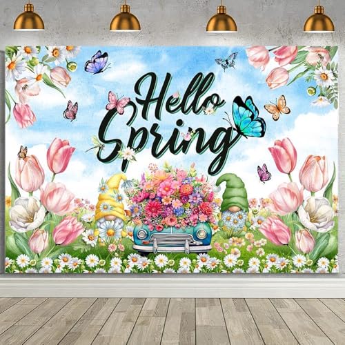 MEHOFOND 8x6ft Spring Backdrop Colorful Floral Hello Spring Decorations Banner Butterfly Tulip Flower Happy Photography Background Easter Holiday Party Decorations Indoor Outdoor Photo Booth Props - size: 8x6ft