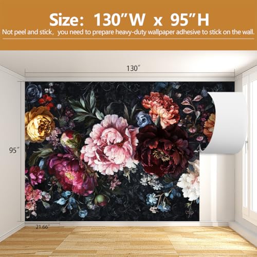 Dark Floral Wallpaper Mural Large Peony Flowers Wall Murals for Bedroom（Not Peel and Stick） - color: Cybh-965, size: 130" x 95"