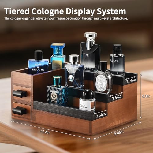 Perfume Stand Organizer for Men, 3 Tier Perfume Display Shelf with Velvet Lining Drawer and Hidden Compartment (Walnut Black - 2 Drawer) - style: 2 drawer - BlackWalnut
