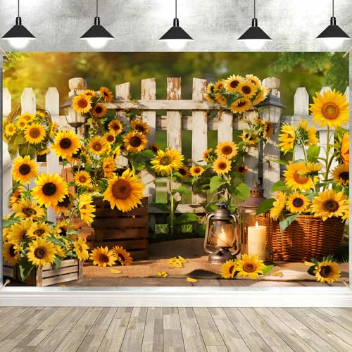Rustic Sunflowers Backdrop Rustic Wooden Fence Sunflower Floral Photography Background for for Girls Woman Garden Party Banner Decoraitons Portrait Photo Booth Studio Props 9x6ft FU041DX - size: 9x6ft