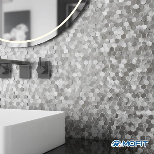 3D Metal Peel and Stick Backsplash for Kitchen,Mini Hexagon Tile Stickers Self Adhesive Wall Tiles Heat Resistant(8 Sheets,Silver) - color: Silver