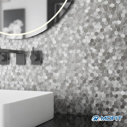 3D Metal Peel and Stick Backsplash for Kitchen,Mini Hexagon Tile Stickers Self Adhesive Wall Tiles Heat Resistant(8 Sheets,Silver) - color: Silver