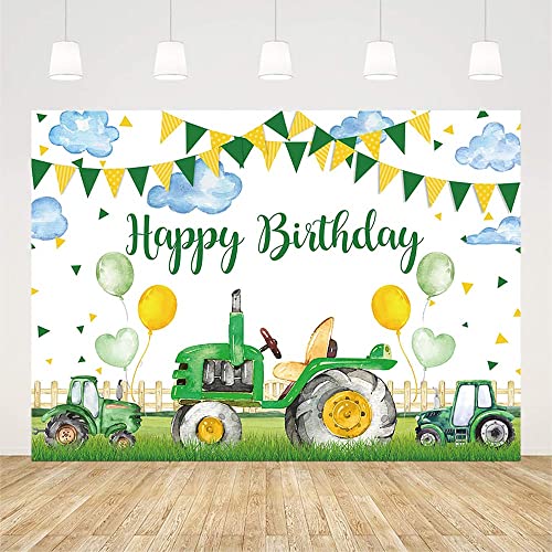 AIBIIN 7x5ft Farm Tractor Birthday Backdrop for Kids Green Grass Balloon Colorful Flag Clouds Photography Background Happy 1st Birthday Party Decorations Photo Shoot Studio Props Cake Table Banner - size: 7x5ft