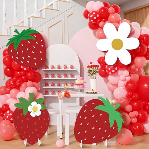 4 Pcs Large Strawberry Birthday Cardboard Cutouts Strawberry Baby Shower Backdrop Party Decorations for Lawn Yard Signs Summer Fruit Themed Party Supplies Photo Booth Props - style: Strawberry
