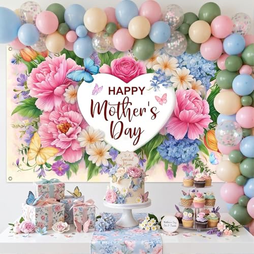 Mocsicka Mother's Day Backdrop Banner Flowers Happy Mothers Day Decorations Banner I Love Mom Mothers Party Decorations Photo Booth Props (8x6ft (96x72 inch))