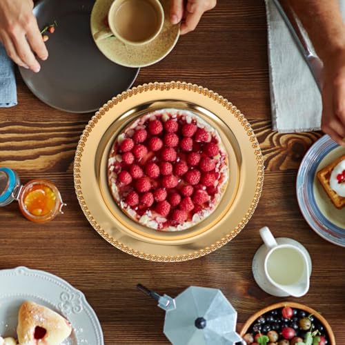 UKCOCO European Style Metal Fruit Dish Beaded Edge Mirror Finish 25cm Gold Food Serving Tray Dessert and Snack Display Plate for Home Storage and Photography Props