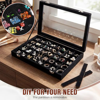 Nosiny 2 Pcs Velvet Jewelry Tray 48 Grid Jewelry Display Tray Organizer Box with Transparent Lid Rings Earrings Necklaces Pendants Display Box for Women Cases Dressing Tables Drawers