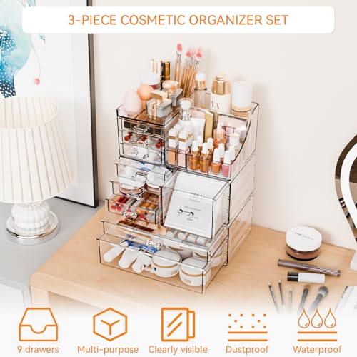 Yieach 3 Pack Clear Makeup Organizer Countertop for Dresser,Vanity and Bathroom Counter Organizer,Tiered Stackable Makeup Acrylic Organizers with 9 Drawer for Skincare,Brush and Make up Holders - style: 9 Drawers