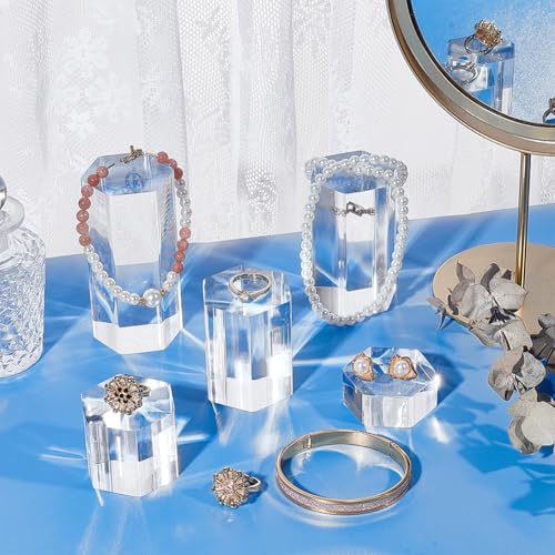 BENECREAT 5 Pcs Acrylic Blocks, Clear Hexagon Display Pedestals, Display Blocks Tabletop Display Stand, Photography Props for Miniature Collectible Jewelry Watch and Decor Displaying
