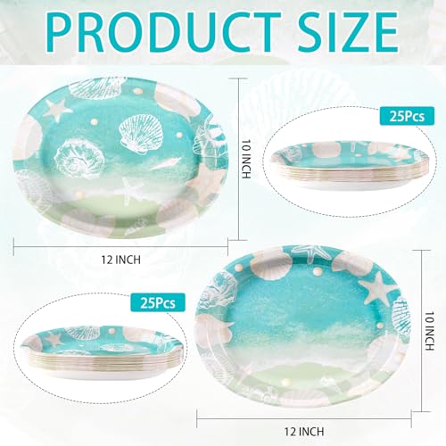 50 Pcs Seashell Beach Oval Paper Plates 10" X 12" Large Shell Plates Disposable Heavy Duty Ocean Sea Starfish Tableware for Summer Nautical Coastal Birthday Party Supplies Baby Shower Wedding Decor - style: 50Pcs Beach Seashell Oval Plates