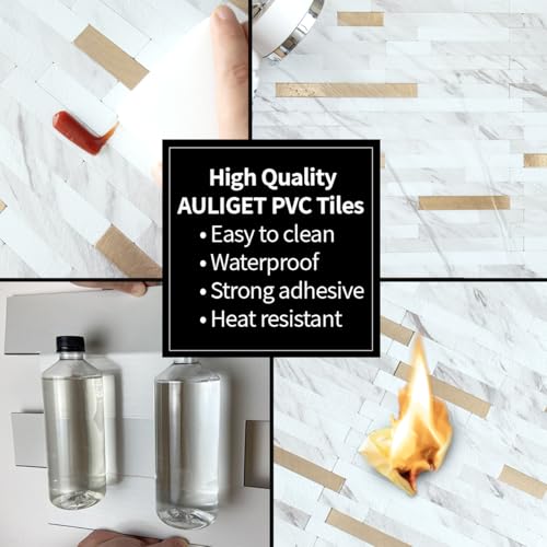 AULIGET 2 Sheets Faux Stone White Marble Peel and Stick Backsplash, PVC Mixed Metal Champagne Gold Wall Tile Stick on Backsplash for Kitchen and Bathroom - color: Marble White + Champagne Gold, size: 2 Sheets, 6"x12"x0.12"