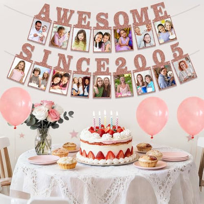 Pre-strung Awesome Since 2005 Photo Banner Birthday Decorations for Her Women- Pink Rose Gold Glitter Happy 21st Birthday and Anniversary Decorations Party Supplies - style: Pink Rose Gold 21st
