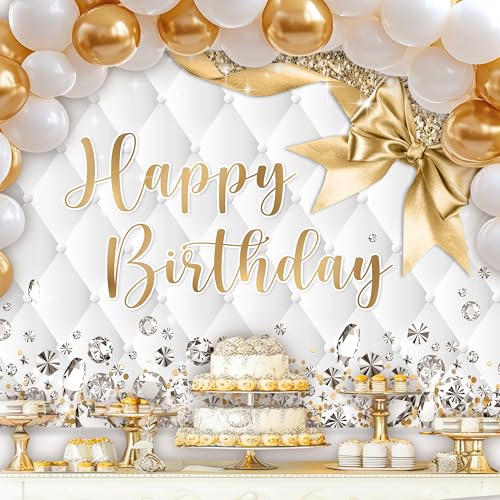 Newsely Gold and White Birthday Backdrop 8Wx6H Photography Happy Birthday Bowknot Elegant Bday Girls Women Diamonds Golden Background Modern Luxury Party Decorations Banner Photo Booth Props Supplies - color: B-Gold Silver, size: 8Wx6H