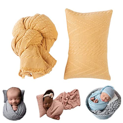 Coberllus Newborn Photography Props Blanket Stretch Knitted Twist Wrap & Posing Pad Prop for Baby Boys Girls Photo Shoot Set (Ginger Yellow) - color: Ginger Yellow