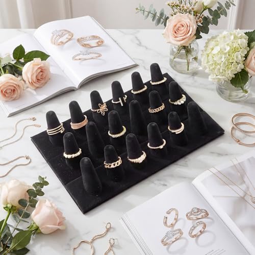 2 Pack Velvet Finger Ring Display, 18 Slot 3-Tier Jewelry Counter Showcase Storage Organizer Holder Stand for Rings, Black