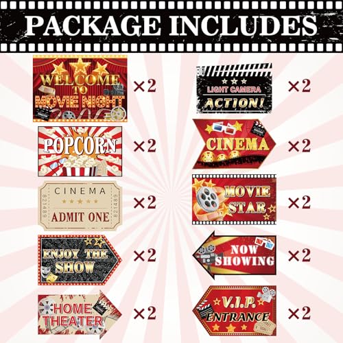 Hooqict 20 Pieces Movie Night Decorations Movie Themed Party Directional Signs for Cinema Welcome Now Showing Theater Film Birthday Party Decorations Supplies - style: Movie