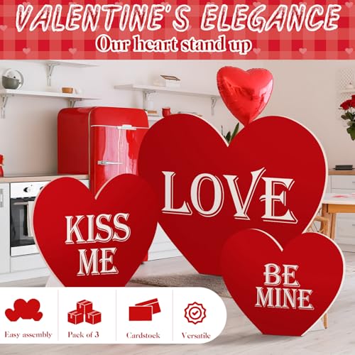 Wonderjune Large Valentine's Day Heart Cardboard Stand Ups Set of 3 Sizes Photo Decoration 24in 36in 46in with Foothold Valentine's Day Photo Booth Props Valentines Photography Props Photo Props