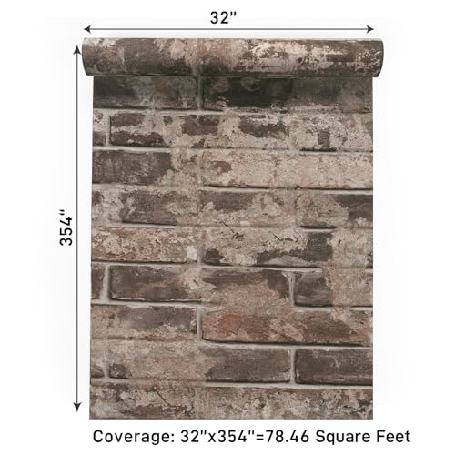 VaryPaper 32''x354'' Retro Brown Brick Wallpaper Peel and Stick for Bedroom Faux Brick Contact Paper Waterproof Removable Self Adhesive Brick Vinyl Wall Paper Roll for Kitchen Fireplace Living Room - color: Brown Brick, size: 32" x 354"