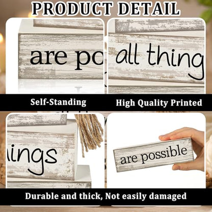 Yuntau 4 Pcs Farmhouse Wooden Tabletop Decor Farmhouse Tiered Tray Decor Rustic Retro Wood Bead Garland with God All Things are Possible Block Sign Neutral Centerpiece Sign for Home Shelf Mantle - style: Farmhouse
