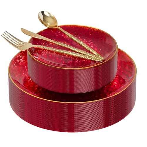 I00000 150Pcs Red Plastic Plates with Gold Rim,Fancy Plastic Plates,Red hammer patterned Disposable plates Set include 30 Dinner Plate,30 Dessert Plate,90 plastic Silverware Set for Valentine's Day - color: Clear and red