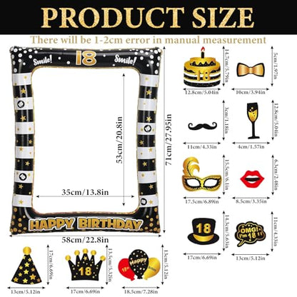 18th Birthday Photo Booth Props, Black Gold Inflatable Photo Booth Frame, 30PCS Photo Booth Props for Party Selfie Party Decorations and Gifts - size: 18th Birthday Inflatable Frame