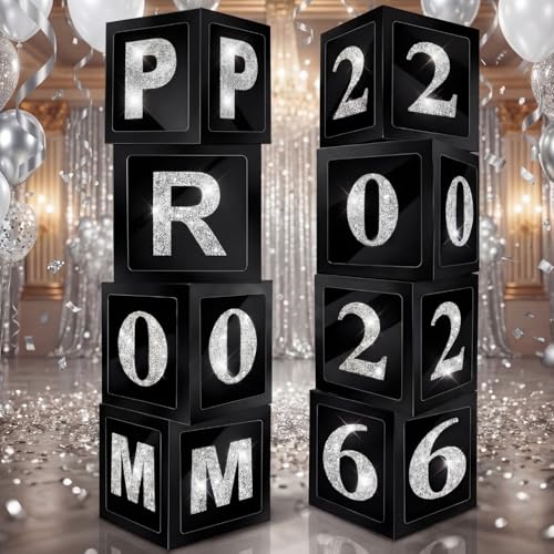 Sinmoe 8 Pcs Prom Decorations for Party 2026 Prom Column Standup 12 Inches PVC Sparkle Balloons Boxes Set Graduation Senior Night Decorations for 2026 Masquerade Graduation Photo Booth(Black Silver) - color: Black Silver