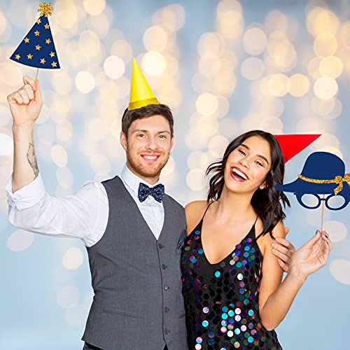 Zonon 24 Pcs Funny Photo Booth Props Class of 2026 Graduation Birthday Wedding Family Class Reunion Prom Disco Party Celebration Decoration Supplies Mix of Hats, Lipstick, Tie(Gold and Navy Blue) - color: Gold and Navy Blue