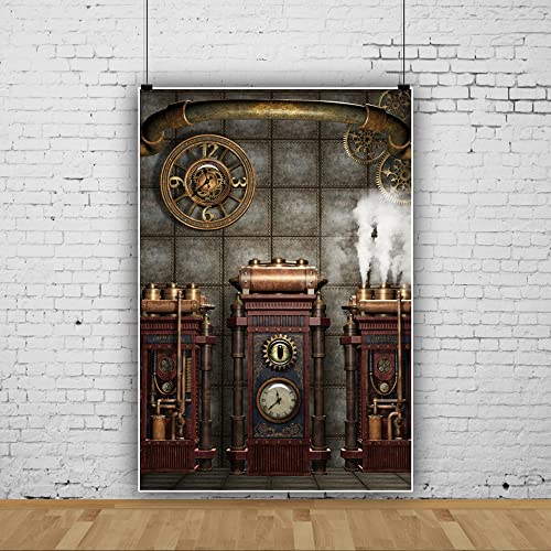 8x10ft Polyester Antique Vintage Steampunk Backdrop Industrial Gear Metal Clock Old Metal Gearwheel Photography Background Steam Machine Nostalgia Party Kids Adult Men Portrait Photo Props - color: Black 10451, size: 8x10ft-Polyester