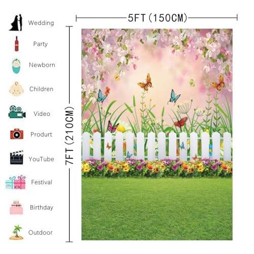 INRUI Spring Easter Garden Photography Backdrop Green Grass Lawn Floral Butterfly Fence Baby Shower Birthday Party Decorations Banner (5x7FT) - size: 5x7FT