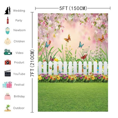 INRUI Spring Easter Garden Photography Backdrop Green Grass Lawn Floral Butterfly Fence Baby Shower Birthday Party Decorations Banner (5x7FT) - size: 5x7FT