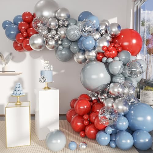 MEBAY Dusty Blue Gray Red Silver Balloon Arch Kit, 141 Pcs Dusty Blue Retro Grey Metallic Silver Red and Silver Confetti Balloons for Birthday Wedding Baby Bridal Shower - color: 141-dusty Blue