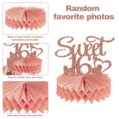 Guiruiy 8Pcs Happy 16th Birthday Decorations Honeycomb Centerpieces for Girls, Pink Rose Gold Glitter Sweet 16 Birthday Photo Table Centerpieces Party Supplies, Pink Sixteen Bday Photo Table Topper - style: Rose Gold 16th