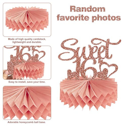 Guiruiy 8Pcs Happy 16th Birthday Decorations Honeycomb Centerpieces for Girls, Pink Rose Gold Glitter Sweet 16 Birthday Photo Table Centerpieces Party Supplies, Pink Sixteen Bday Photo Table Topper - style: Rose Gold 16th