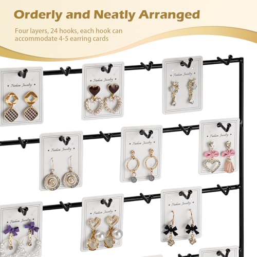 Earring Display Stand for Selling, 4 Tier Wooden Base Earring Rack Tower Display Holder Stand (24 Hooks, Black) - color: Black