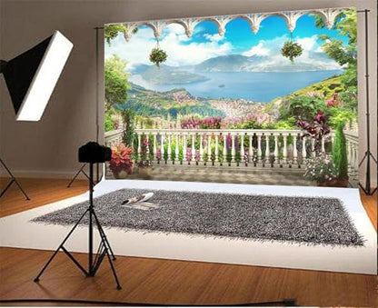 AOFOTO 10x7ft Garden Terrace Backdrop Pretty Scenery Photography Background Adult Girl Bride Lovers Artistic Portrait Seascape Romantic Wedding Retro Photo Shoot Studio Props Video Drop Wallpaper Drap - size: 10x7ft