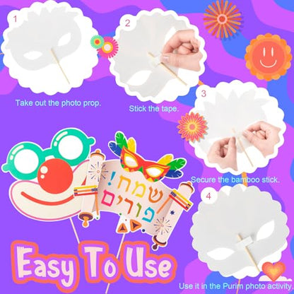 40 Pcs Happy Purim Decorations Photo Booth Props, Funny Jewish Holiday Selfie Props with Sticks Hamantaschen Signs for Purim Masquerade Celebration Party Supplies