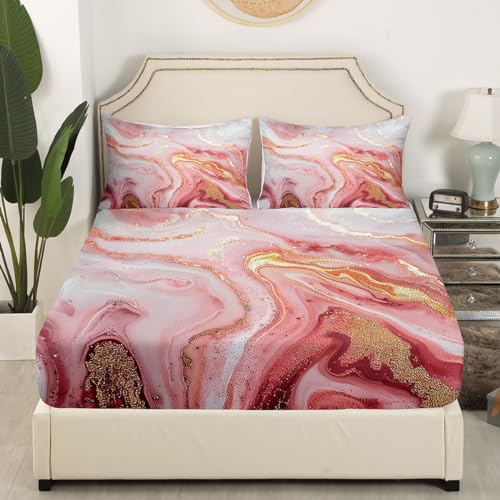 Girly Marble Bed Sheets - Pink Gold Marble Design Sheet Set for Kids & Teen Girls, Soft Modern Texture Print, 3-Piece Glitter Bedding Set (1 Fitted, 1 Flat, 1 Pillowcase) - color: Multi 02, size: Twin