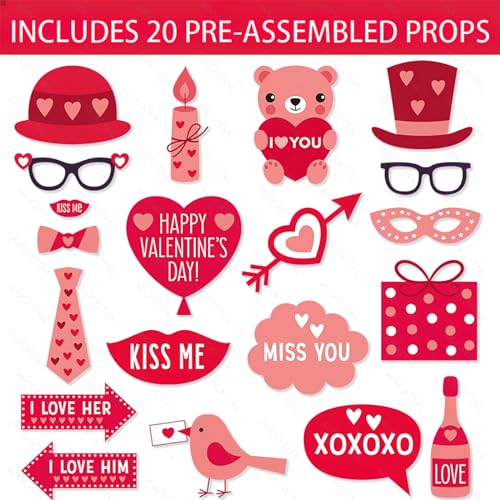 AUOCATTAIL Valentine's Day Photo Booth Props 20 Pcs DIY Red Valentine Theme Funny Photo Props for Valentine's Day Wedding Birthday Party Decorations Supplies