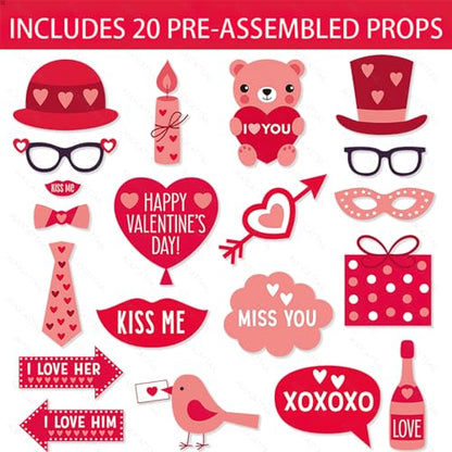 AUOCATTAIL Valentine's Day Photo Booth Props 20 Pcs DIY Red Valentine Theme Funny Photo Props for Valentine's Day Wedding Birthday Party Decorations Supplies