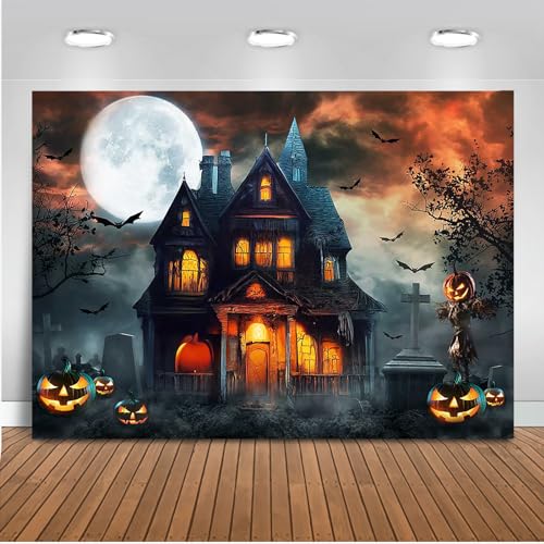 Mocsicka Halloween Backdrop Haunted House Castle Night Pumpkin Terror Costume Party Halloween Kids Birthday Background for Photography Photo Studio Props (Orange, 7x5ft) - color: Orange, size: 7x5ft