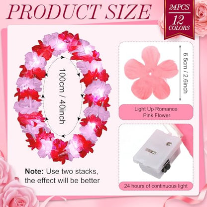 Sherr 24 Pcs LED Leis Light up Wedding Hawaiian Leis Flower Necklace with LED Lights Beach Tropical Carnival Party Wedding Supplies Luau for Masquerade(Pink Series) - color: Multi Pink