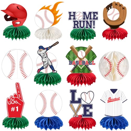 kockuu 12 Pcs Baseball Centerpieces for Party Table Decorations, Double-sided Baseball Honeycomb for Birthday Sports Theme Decor Supplies Favors - style: Baseball