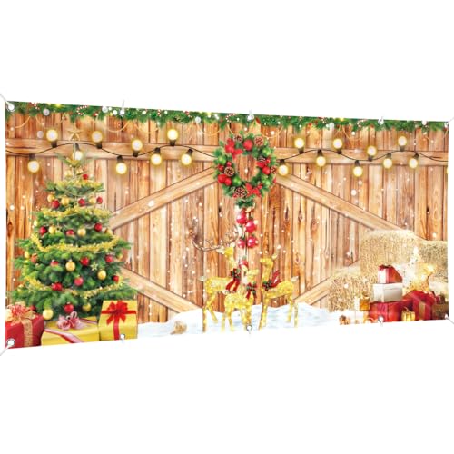 Christmas Garage Door Banner, 16 x 7ft Merry Christmas Garage Cover Large Xmas Party Background Decoration for Photography, Holiday Photo Booth Props Outdoor Hanging Decor for Winter Supplies - color: Christmas Gold, Green
