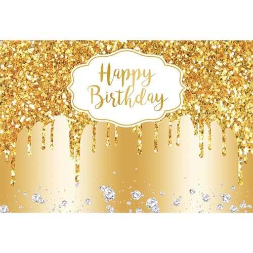 12x8ft Gold Happy Birthday Backdrop Modern Luxury Glitter Diamond Photography Background for Women Girls Sweet Princess Birthday Party Bridal Shower Decor Banner Supplies Photo Booth Props