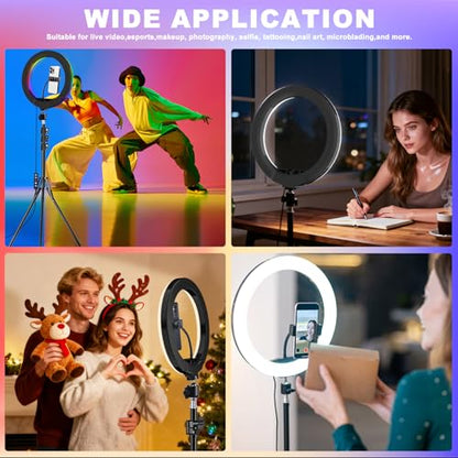 𝗡𝗲𝘄𝗲𝘀𝘁 13" Selfie Ring Light with 63" Stand and 3 Phone Holder, 53 Lighting Modes, iPad Holder, Remote, Desk Tripod, RGB Ringlight for iPhone. Vlogging Circle Led Halo Light Photo Video Kit - size: 13 inch - 53 Lighting Modes